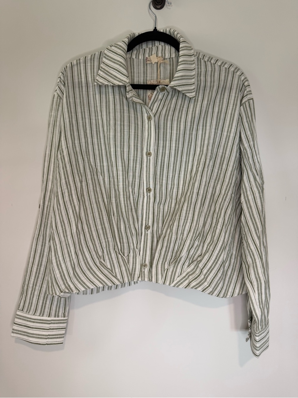 Hem & Thread Striped Green and White Button-Front Women’s Shirt Jacket